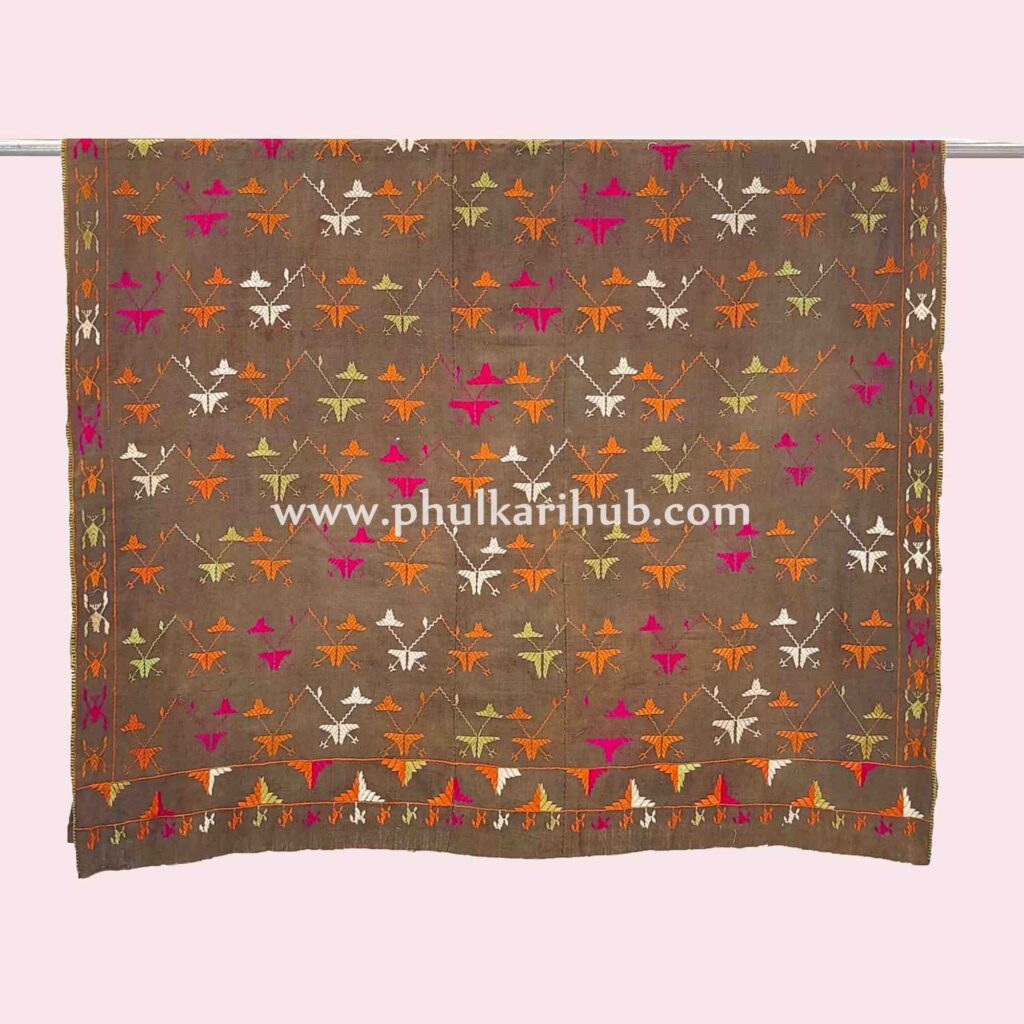 Vintage Phulkari Hand Embroidered Khaddar Dupatta (from Old Punjab)