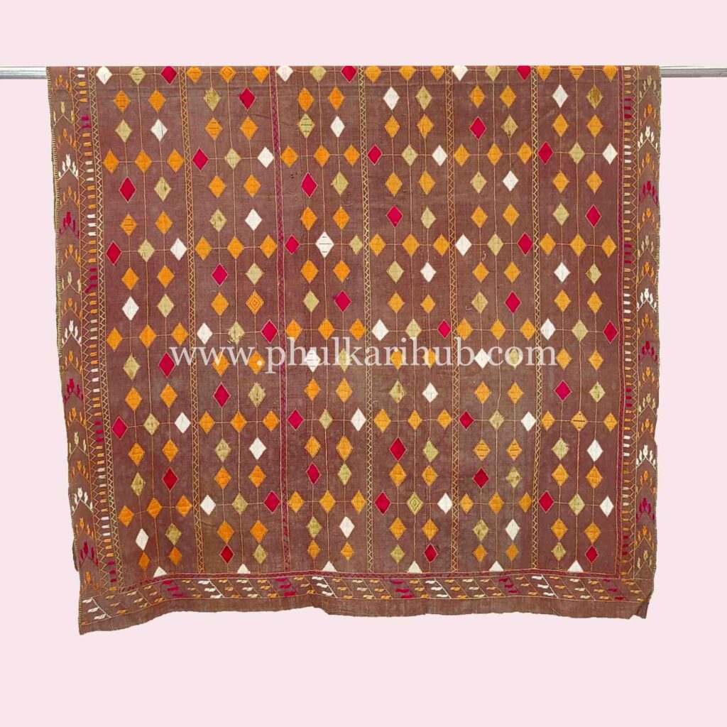 Vintage Phulkari Hand Embroidered Khaddar Dupatta (from Old Punjab)