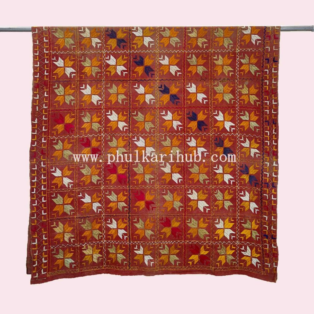 Vintage Phulkari Hand Embroidered Khaddar Dupatta (from Old Punjab)