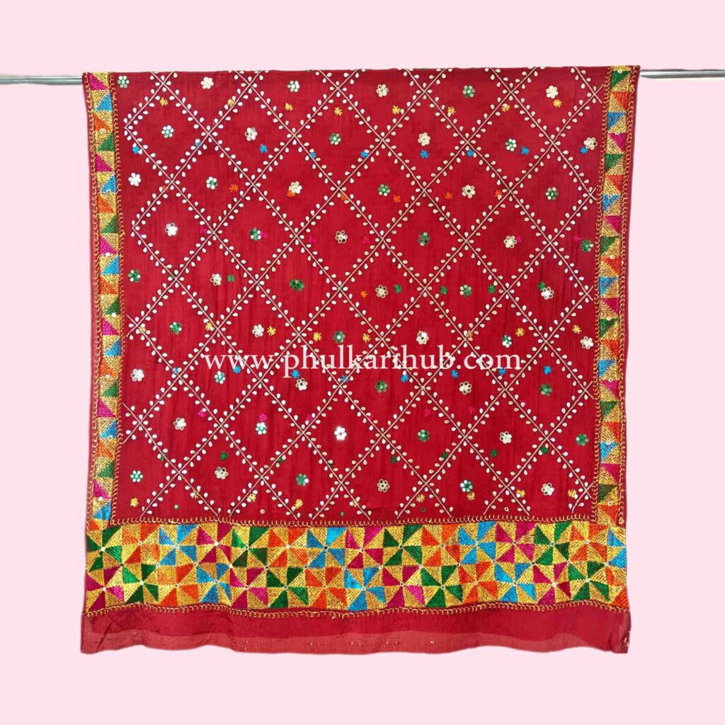Pure Hand Embroidered Gotta-Patti Phulkari Dupatta
