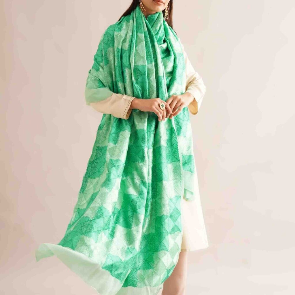 C Green Pure Chinon Prontha Jaal Phulkari Baagh Dupatta