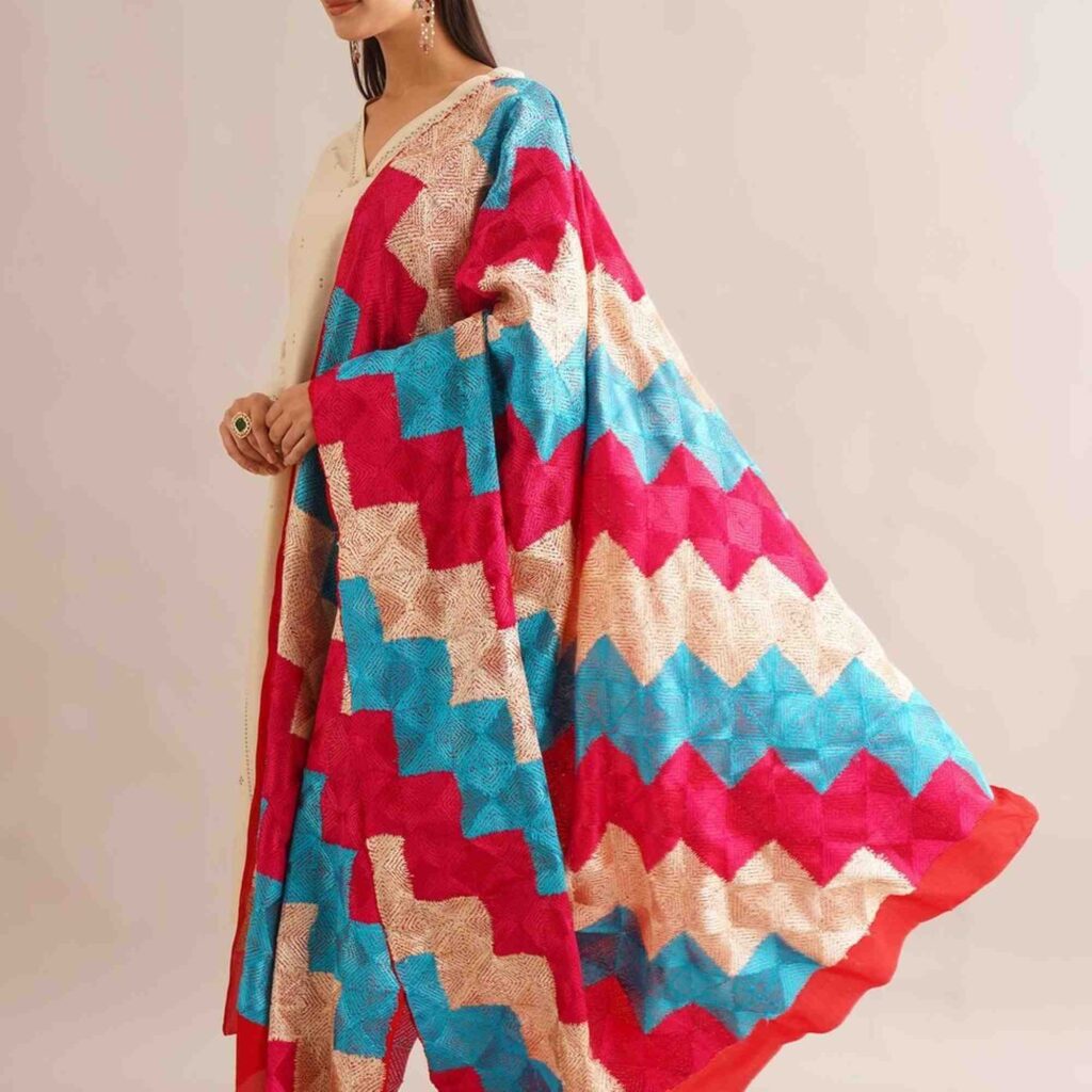 Multicolor Pure Chinon Prontha Jaal Phulkari Baagh Dupatta