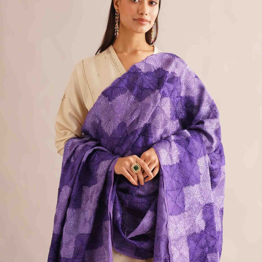 Purple Pure Chinon Prontha Jaal Phulkari Baagh Dupatta
