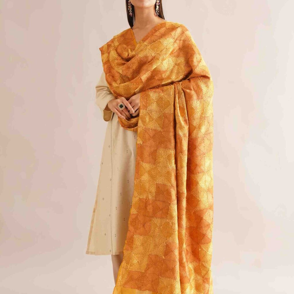 Mustard Pure Chinon Prontha Jaal Phulkari Baagh Dupatta