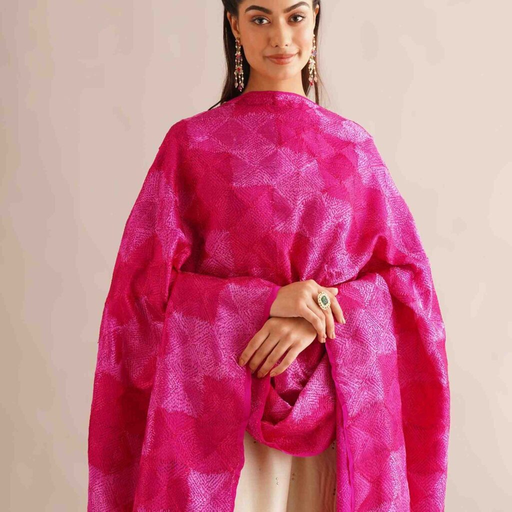 Magentta Pure Chinon Prontha Jaal Phulkari Baagh Dupatta